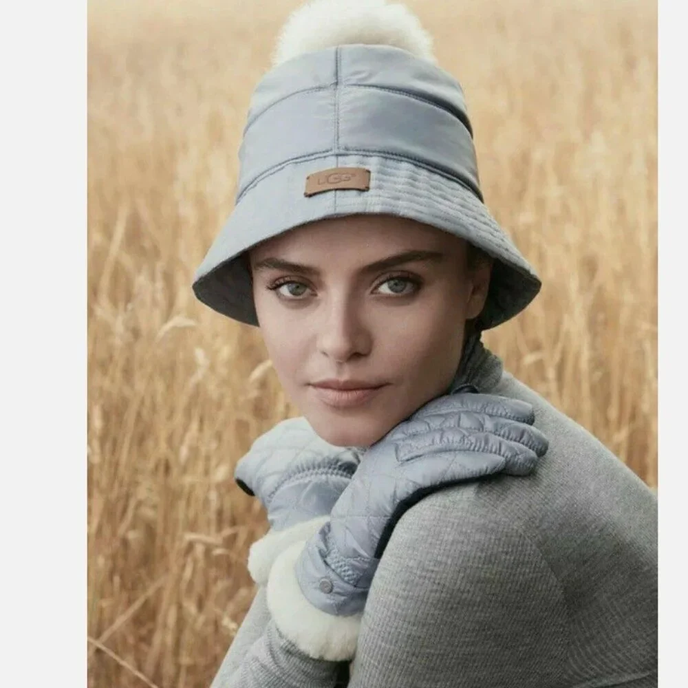 UGG WHITE ALL WEATHER SHEEPSKIN POM BUCKET HAT, WOMEN L/XL